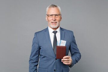 Successful elderly gray-haired mustache bearded business man in classic blue suit shirt tie isolated on grey background. Achievement career wealth business concept. Hold passport ticket boarding pass.