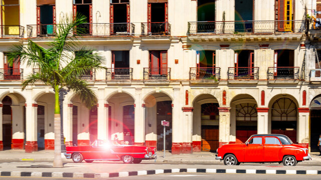 Havana, Cuba. Vintage classic American car in on the streets of the vibrant city. Lens flare effect.