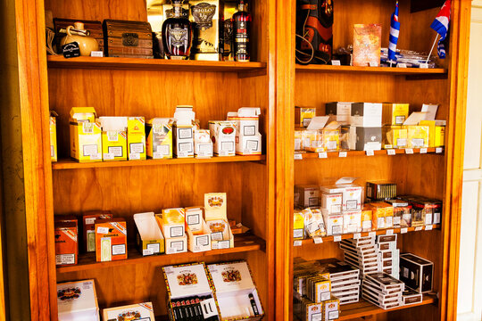 TRINIDAD, CUBA - NOV 21, 2017: Cuban cigars in casa de tobacco where they sell genuine cigars like Cohiba, Montecristo or Romeo and Julietta