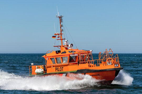 ROSTOCK, GERMANY - JUNE 14, 2020: pilot boat KNURRHAHN on the Baltic Sea