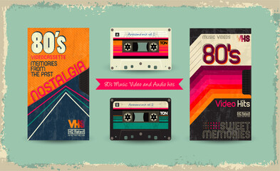 VHS tape. Vector beta tape and cassette box old graphic in 80s style. Awesome super video hits. VHS effect. 80's and 90's style. Retro vintage cover. Eighties letters. Easy editable design template. - obrazy, fototapety, plakaty