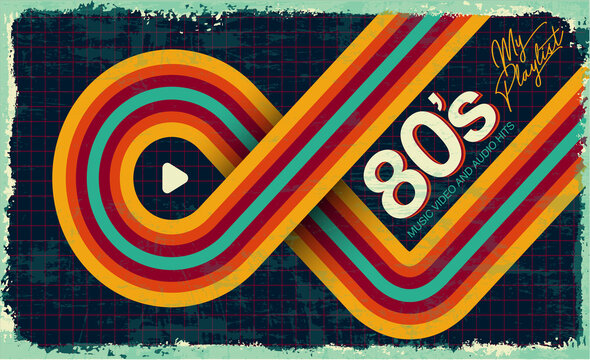 My playlist. 80's Awesome super video and audio hits. VHS effect. 80's and 90's style.  Retro vintage cover. Eighties color letters. Old style tape, banner or poster. Easy editable design template. 