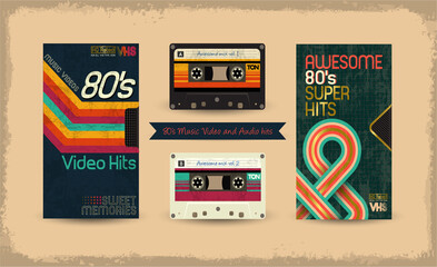VHS tape. Vector beta tape and cassette box old graphic in 80s style. Awesome super video hits. VHS effect. 80's and 90's style. Retro vintage cover. Eighties letters. Easy editable design template.