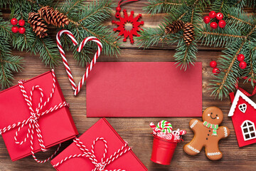 Christmas decorations on the wooden background. Top view
