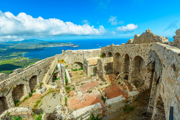 Aerial view of ruins of hexagonal Castello del Volterraio or Volterraio Castle, the oldest...
