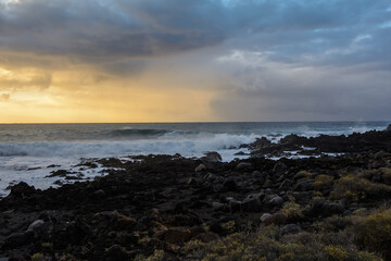 A powerful storm in the Atlantic Ocean in a bay on the coast of Tenerife.