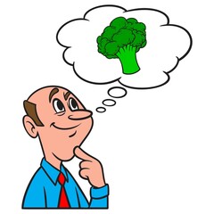 Thinking about Broccoli - A cartoon illustration of a man thinking about the benefits of eating Broccoli.