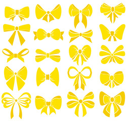 Set of graphical yellow bows. Vector sillouettes. Cartoon vector gold ribbons satin bows for xmas gifts, present cards and luxury wrap pack isolated on white background. Holiday illustration