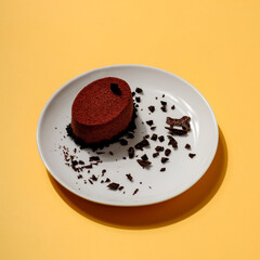 A piece of black chocolate cake with nuts and cappuccino in hard light on colorful yellow background. delicious chocolate dessert, Hard shadow, flat lay style. Food concept. Top view.