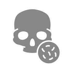 Skull with bacteria grey icon. Bones of the head, cranial bacterial infection, osteomyelitis symbol