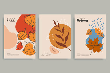 Fototapeta na wymiar Colorful autumn backgrounds in vintage style. Autumn banner collection. Minimal composition with plants, fallen leaves, flowers. Use for invitation, print design, discount voucher, ad. Vector eps 10