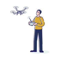 Young man with quadrocopter or drone. Guy holding remote controller of drone hovering in the sky