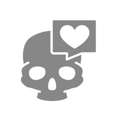 Skull with heart in speech bubble grey icon. Bone structure of the head, cranium symbol