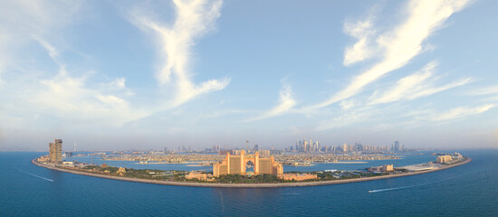 Panoramic view of The Palm Islands in Dubai; man made palm shaped islands; Travel Holiday Destination