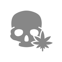 Human skull with marijuana leaf grey icon. Cannabis treatment, anesthesia symbol