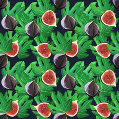 Beautiful pattern with figs and leaves . Bright tropical fruit isolated on deep blue background, hand-drawn design for background, wallpaper, textile, wrap.