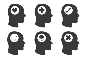 Mental Health and depression icons in head shapes 