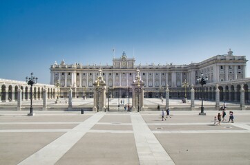 Fototapeta na wymiar Madrid Royal Palace ('Palacio Real') facade and courtyard in Madrid, Spain 