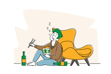 Drunk Male Character with Wok Box in Hand Sleeping on Floor with Alcohol Bottles, Man Alcoholic, Alcoholism Addiction