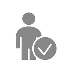 User with tick checkmark gray icon. Human verification, authentication symbol