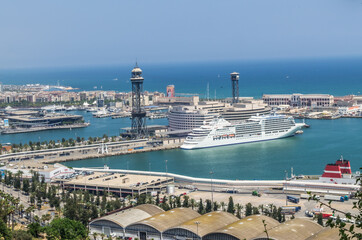 Panoramic view of harbor and marina with cruise ships docked at port in Spain