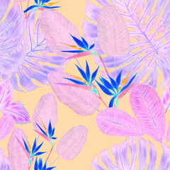 Fototapeta na wymiar Beautiful seamless pattern with tropical leaves and flowers drawn with colored pencils. Retro bright summer background. Jungle foliage illustration. Swimwear botanical design. Vintage exotic print. 