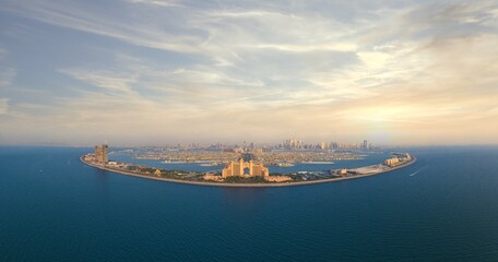 Amazing panoramic view of the Palm Islands in Dubai with marina skyline in background; ultimate tourist destination; 