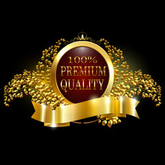 High Quality Golden Badge. Premium quality guaranteed golden label with crown and laurel wreath. isolated on black background vector illustration. 