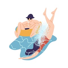 Couple swimming at sea enjoy summer vacation vector flat illustration. Woman in swimsuit dive into water, relaxed man lying on lifebuoy with cocktail isolated on white. People at seaside resort