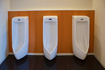 Close Up row of indoor white ceramic male urinals toilet in public park.