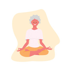 Retired woman sitting in lotus position and doing meditation and yoga, vector illustration in flat style