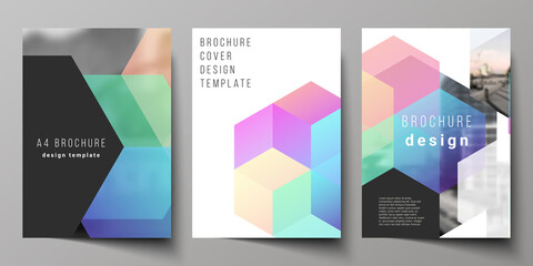 Fototapeta premium Vector layout of A4 format cover mockups design templates with colorful hexagons, geometric shapes, tech background for brochure, flyer layout, booklet, cover design, book design, brochure cover.
