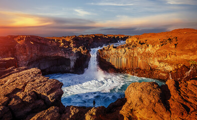 Beautyful nature landscape of Iceland during sunset. Aldeyjarfoss waterfall in North-Iceland. Awesome tourist attraction. Exciting icelandic scenery.