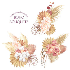 Set of boho watercolor bouquets with flowers and leaves on a white background.