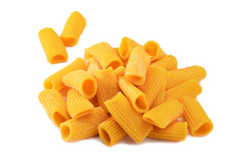 Color uncooked rigatoni pasta with carrot flavor isolated on a white background