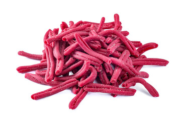 Fresh red Gemelli pasta with beetroot flavor isolated on a white background