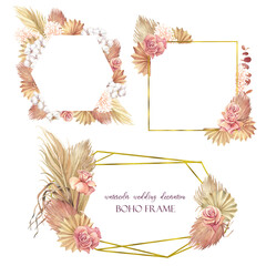 Set of boho watercolor frames with rose flowers and palm leaves on a white background for decoration.