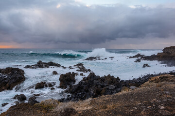 A powerful storm in the Atlantic Ocean in a bay on the coast of Tenerife.