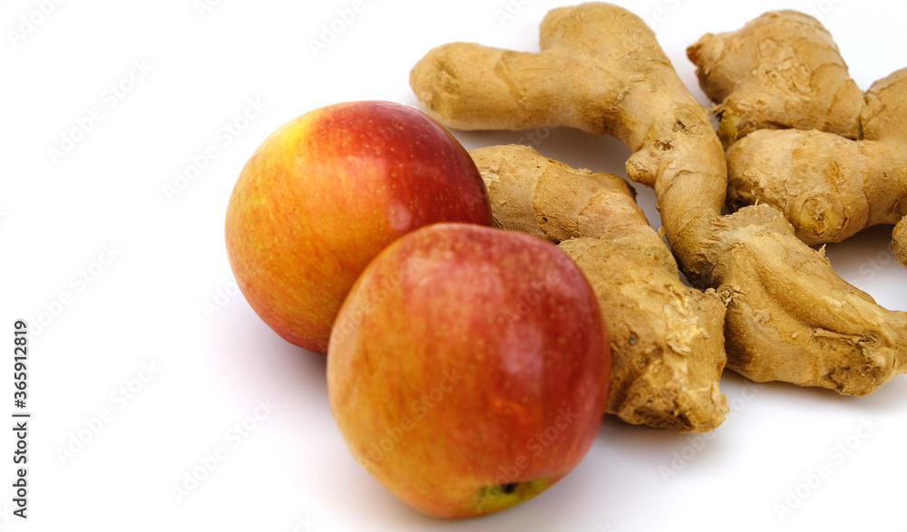 Poster ginger root with apples on white background