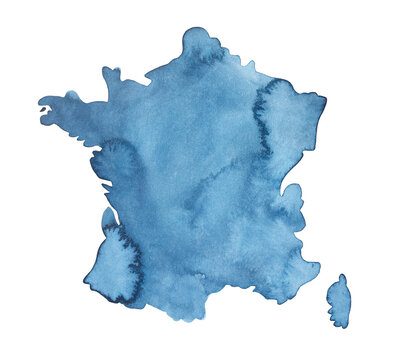Watercolor of navy blue map of France. Hand painted watercolour sketchy drawing with abstract artistic brushstrokes, cut out art element for creative design, print, postcard, sticker, poster, banner.
