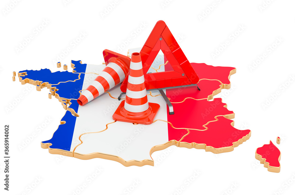 Poster french map with traffic cones and warning triangle, 3d rendering
