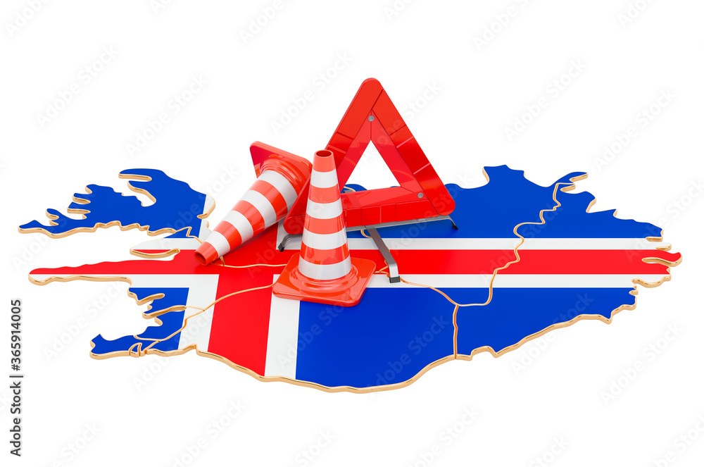 Poster icelandic map with traffic cones and warning triangle, 3d rendering