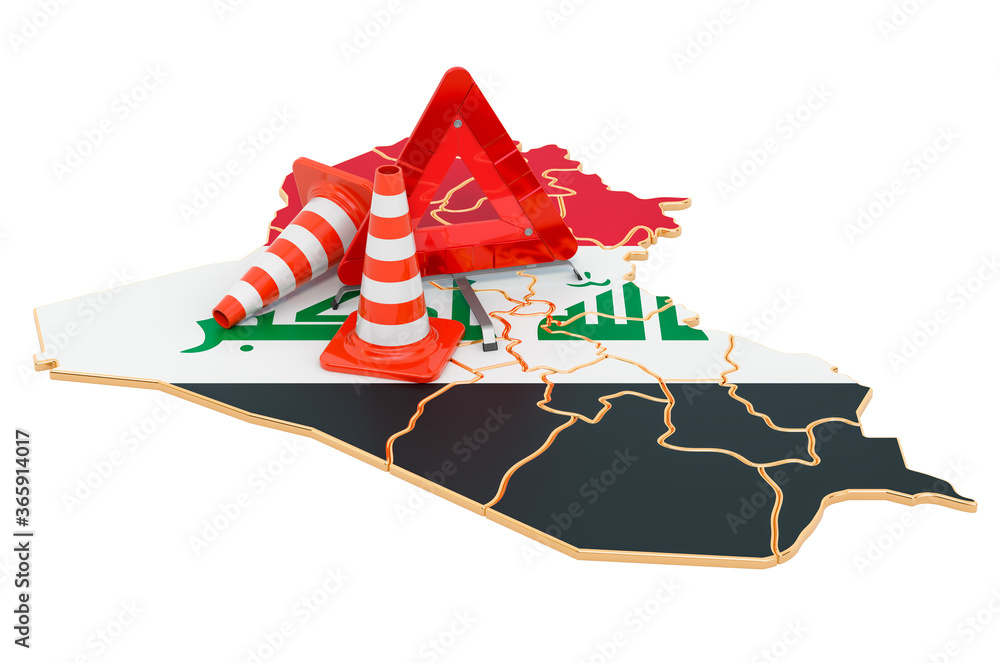 Aufkleber iraqi map with traffic cones and warning triangle, 3d rendering