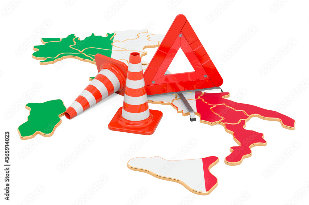 Poster italian map with traffic cones and warning triangle, 3d rendering