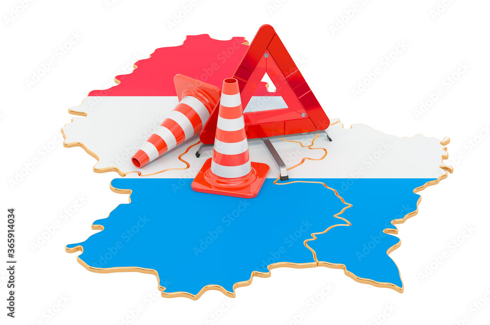Poster luxembourgish map with traffic cones and warning triangle, 3d rendering