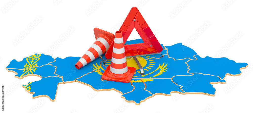 Poster kazakh map with traffic cones and warning triangle, 3d rendering