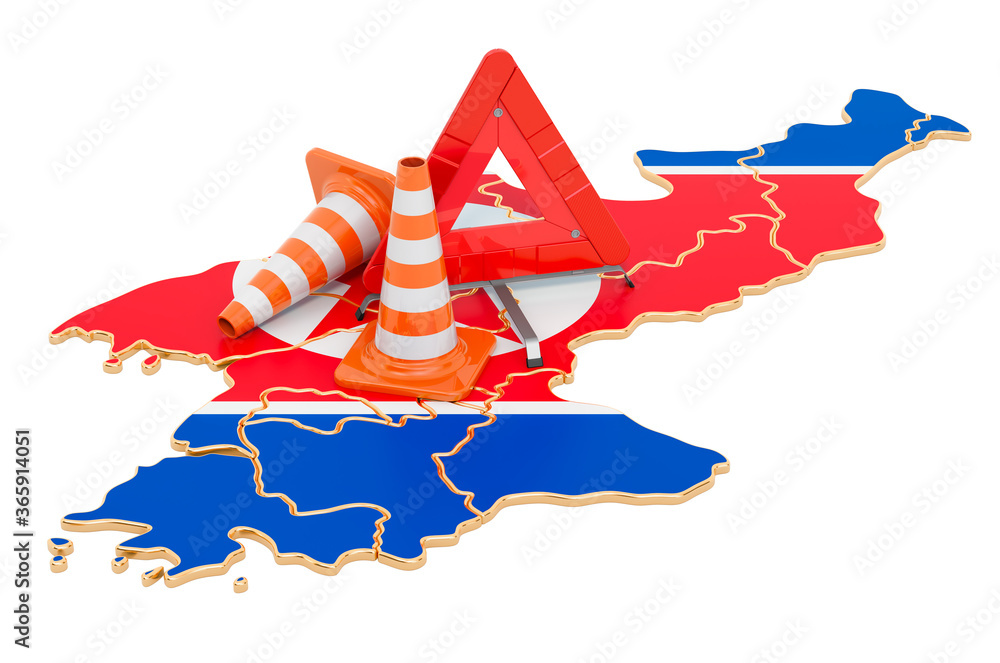 Poster north korean map with traffic cones and warning triangle, 3d rendering