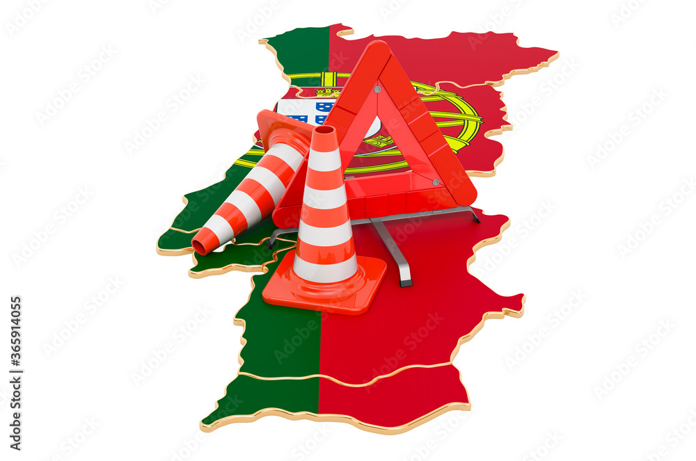Poster portuguese map with traffic cones and warning triangle, 3d rendering