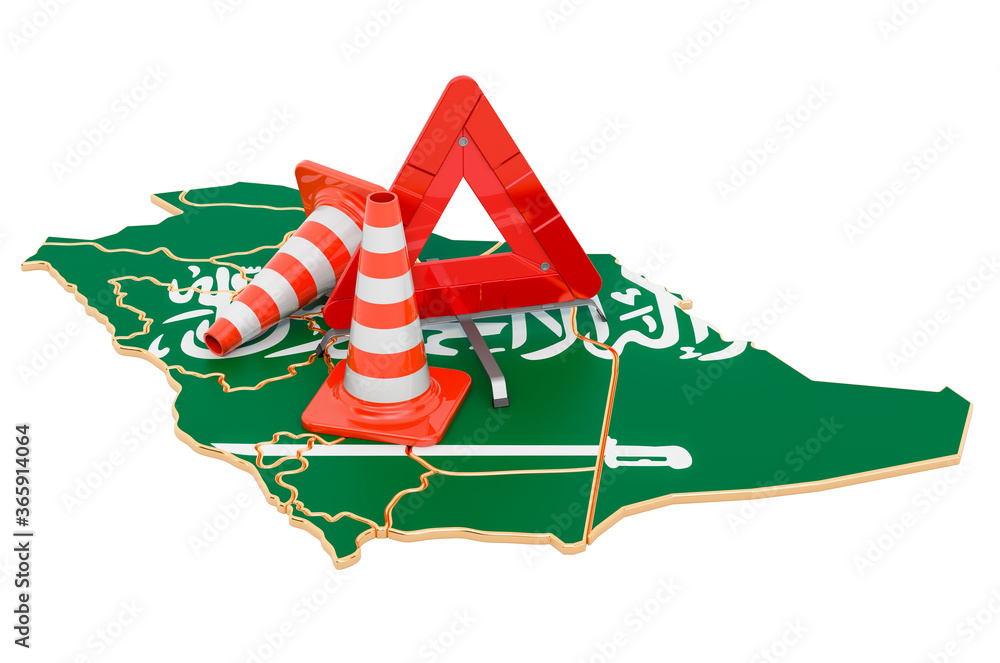 Poster saudi arabian map with traffic cones and warning triangle, 3d rendering
