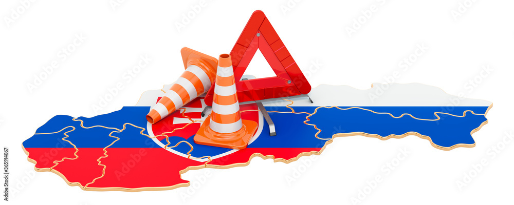 Poster slovak map with traffic cones and warning triangle, 3d rendering